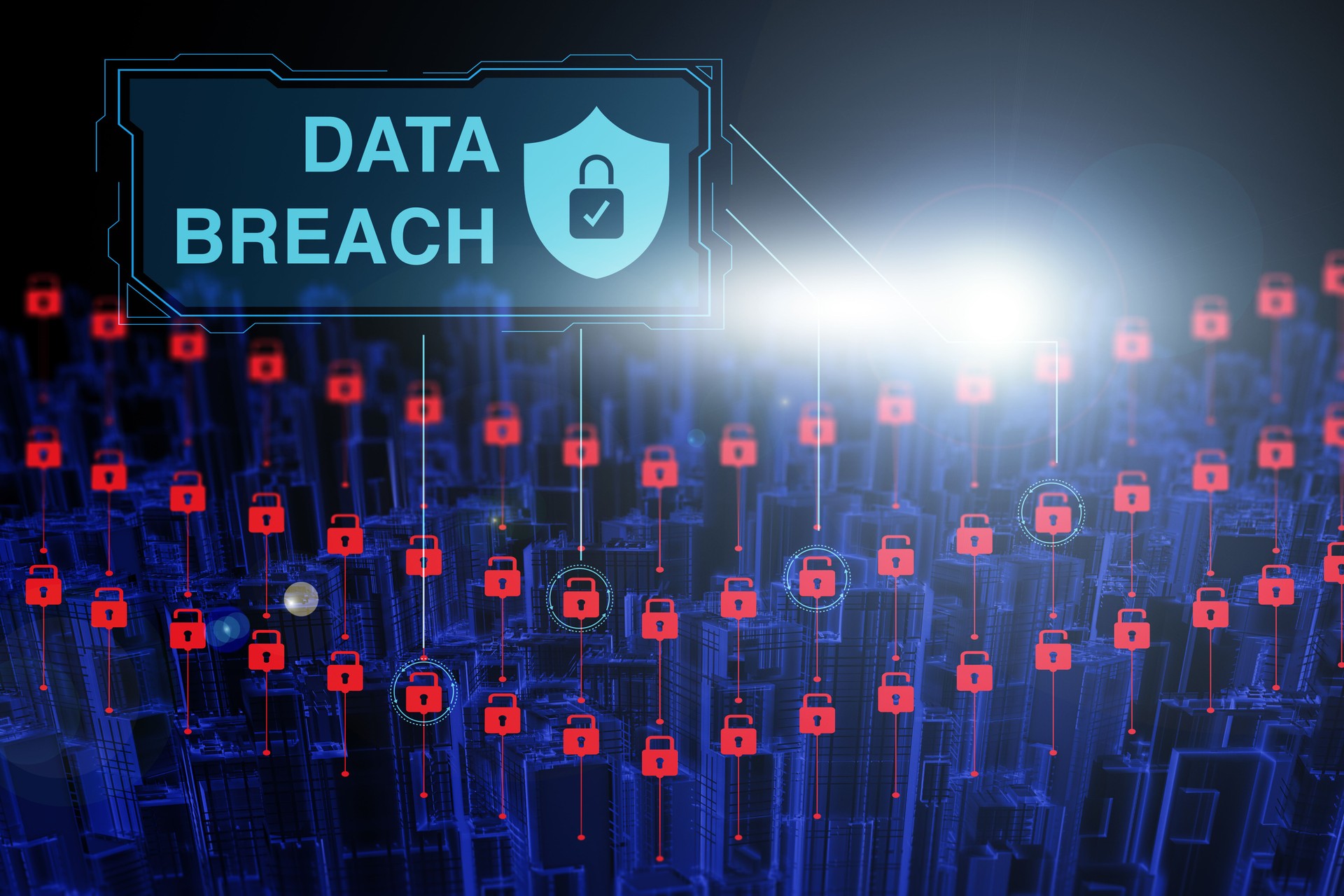 Data Breach Visualization with Lock Icons Over Digital Cityscape